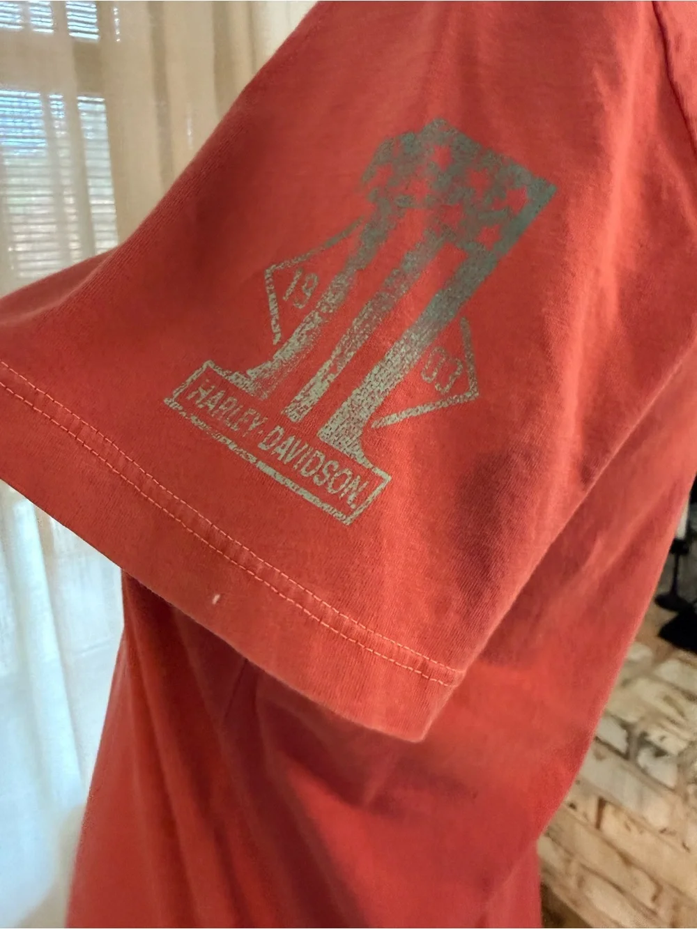 Harley-Davidson Coral Red Graphic Tee with Silver Print - Picture 2 of 4